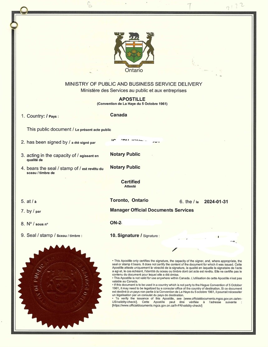 加拿大安省客户出售上海市闵行房产授权委托书海牙认证和附加证明书
