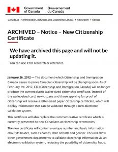 加拿大公民卡入籍纸等证明文件签发演变历史