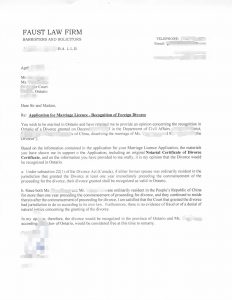 中国离婚在加拿大再婚需律师出具法律意见书