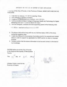 子女抚养情况宣誓公证用于申请安省 OSAP