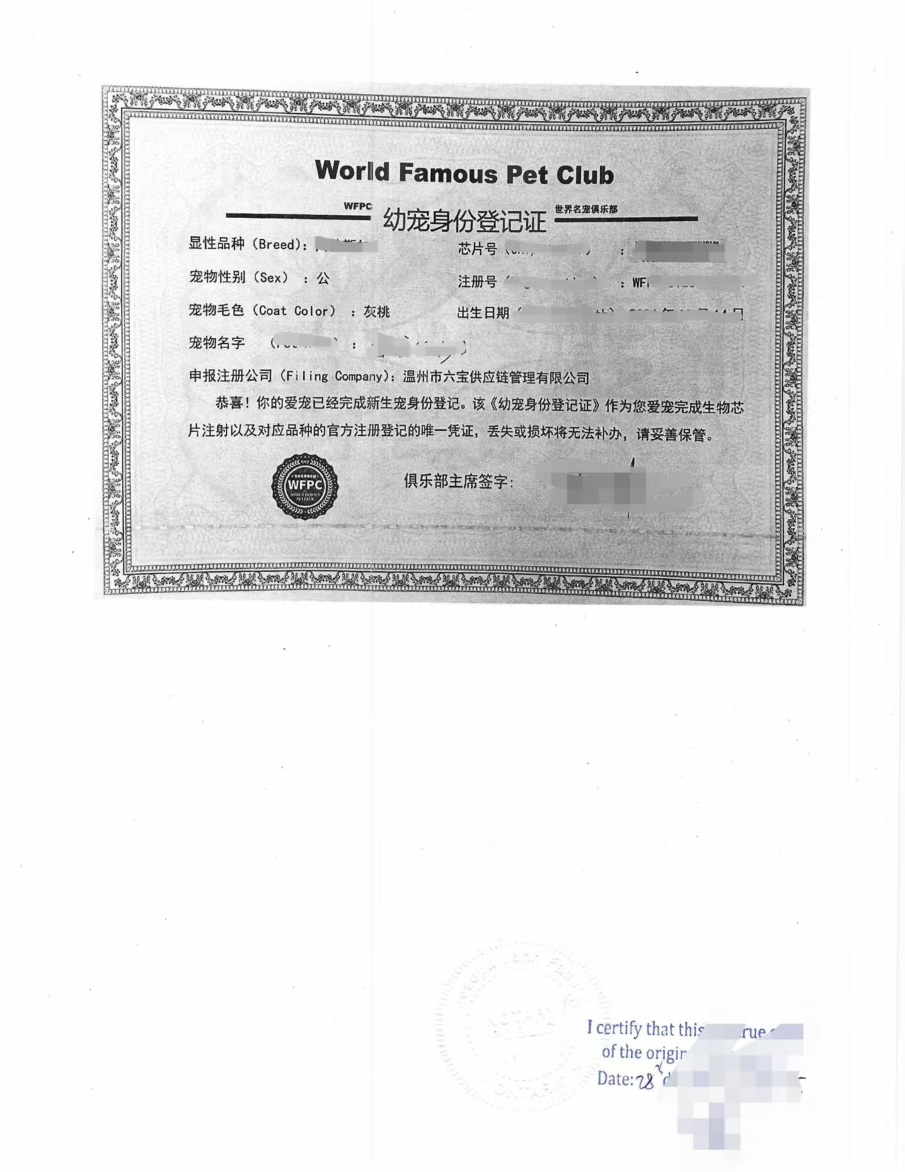 翻译公证件宠物狗身份登记证中国犬猫疫苗本-加拿大海牙认证代理机构