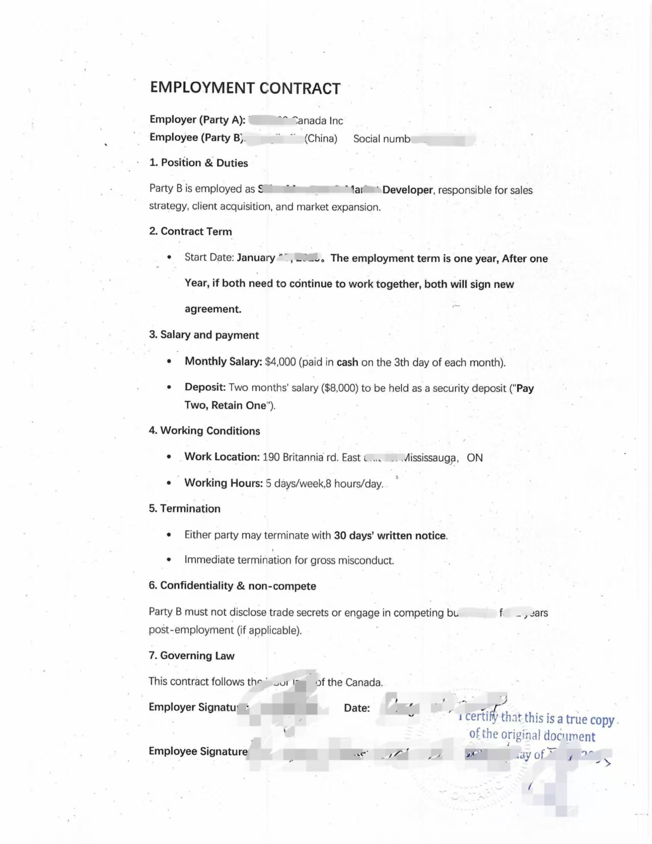 加拿大雇佣合同中英文公证附加证明中国诉讼-加拿大海牙认证代理机构