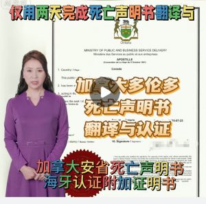 加拿大安省死亡声明书海牙认证附加证明书