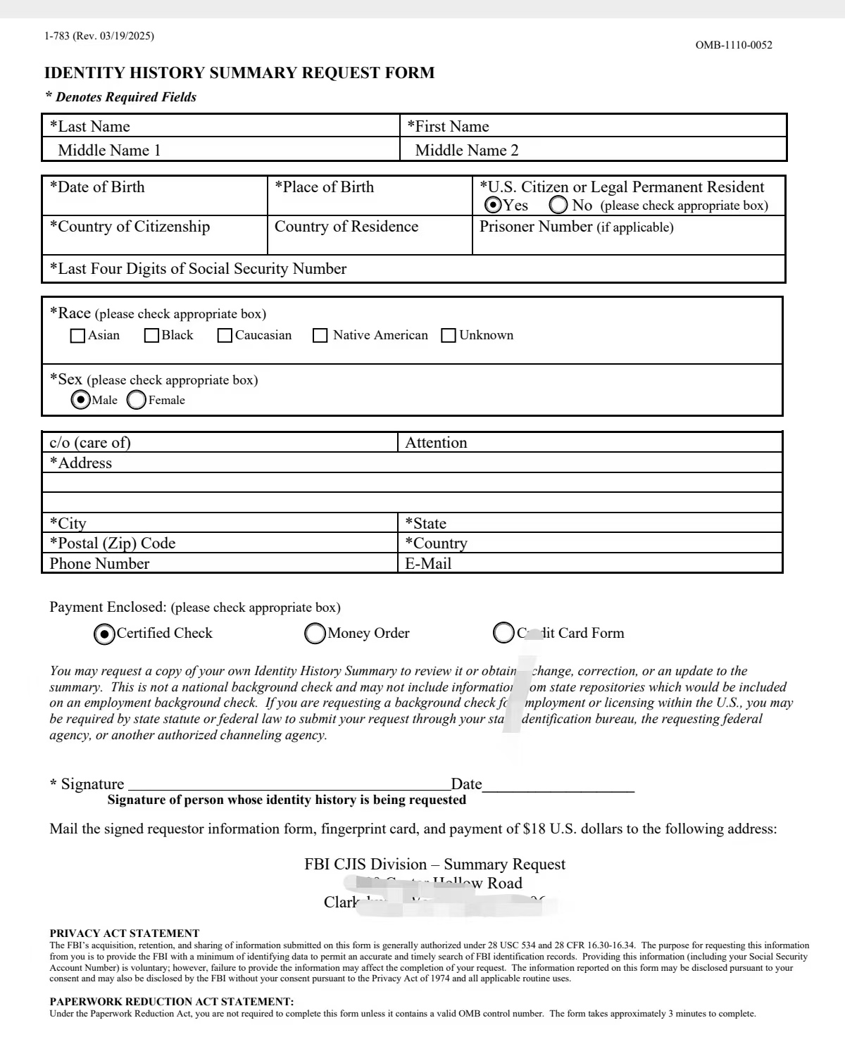 美国无犯罪记录证明代办身份历史摘要申请表-加拿大海牙认证代理机构