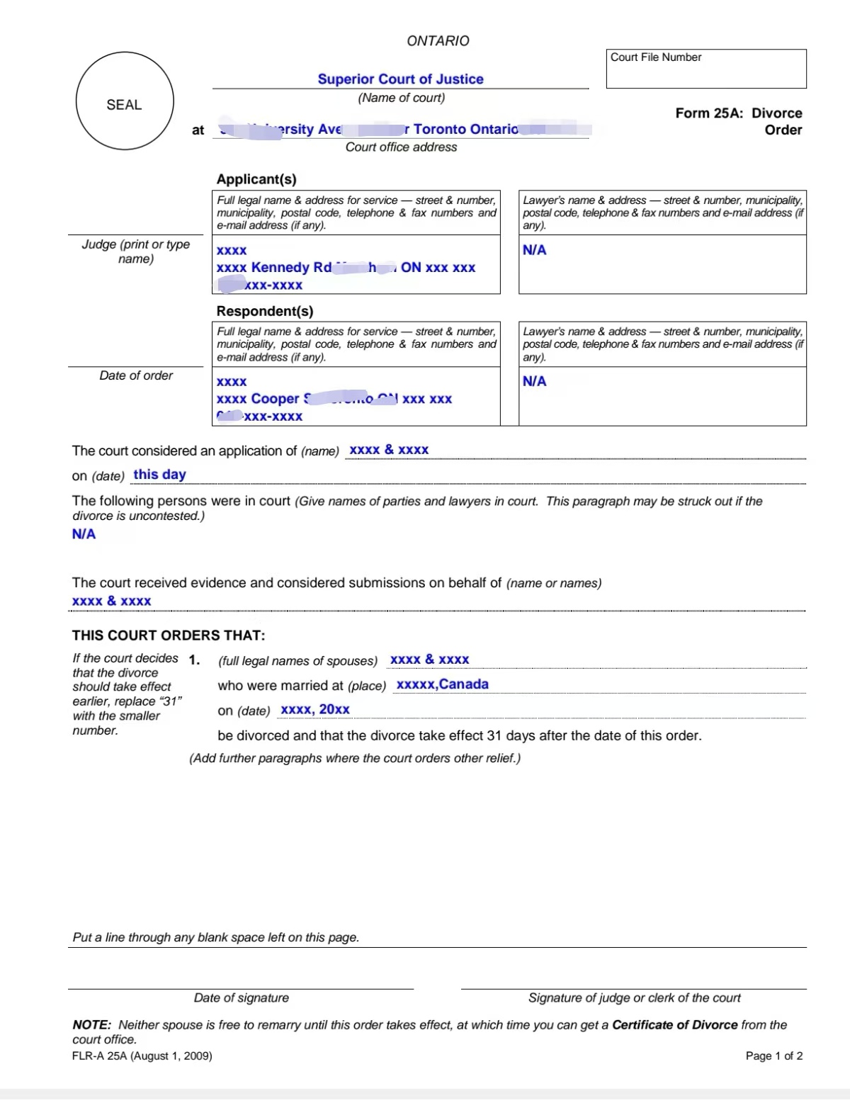 加拿大简易无争议离婚 Form 25A判令Divorce Order