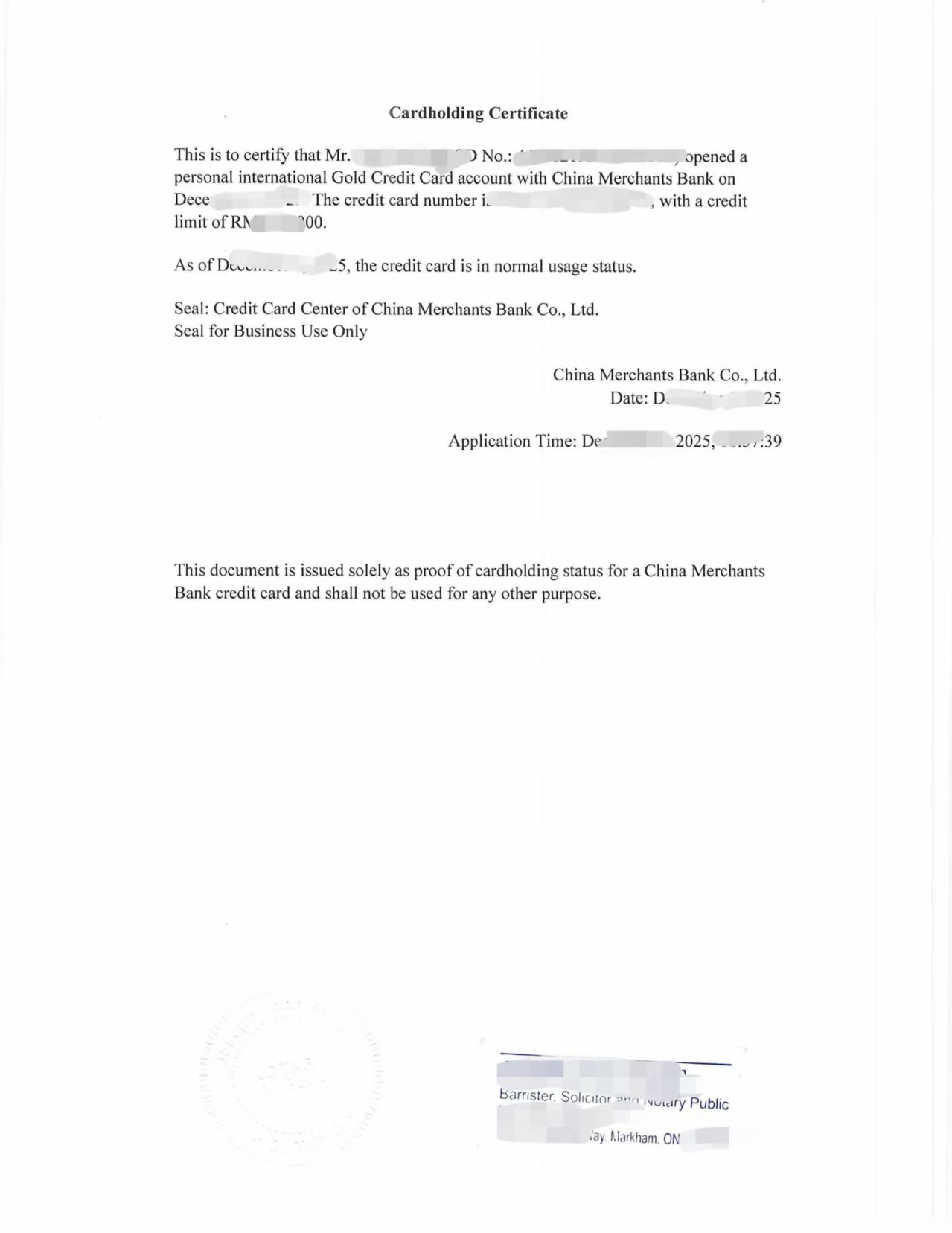 中国招商银行国际信用卡证明在加拿大翻译公证-加拿大海牙认证代理机构