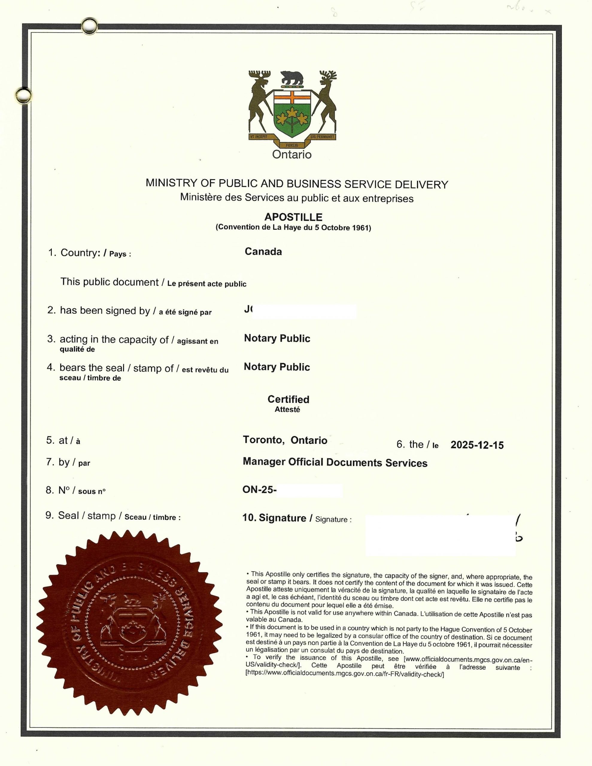 加拿大单身证明公证书海牙认证用于国内售房