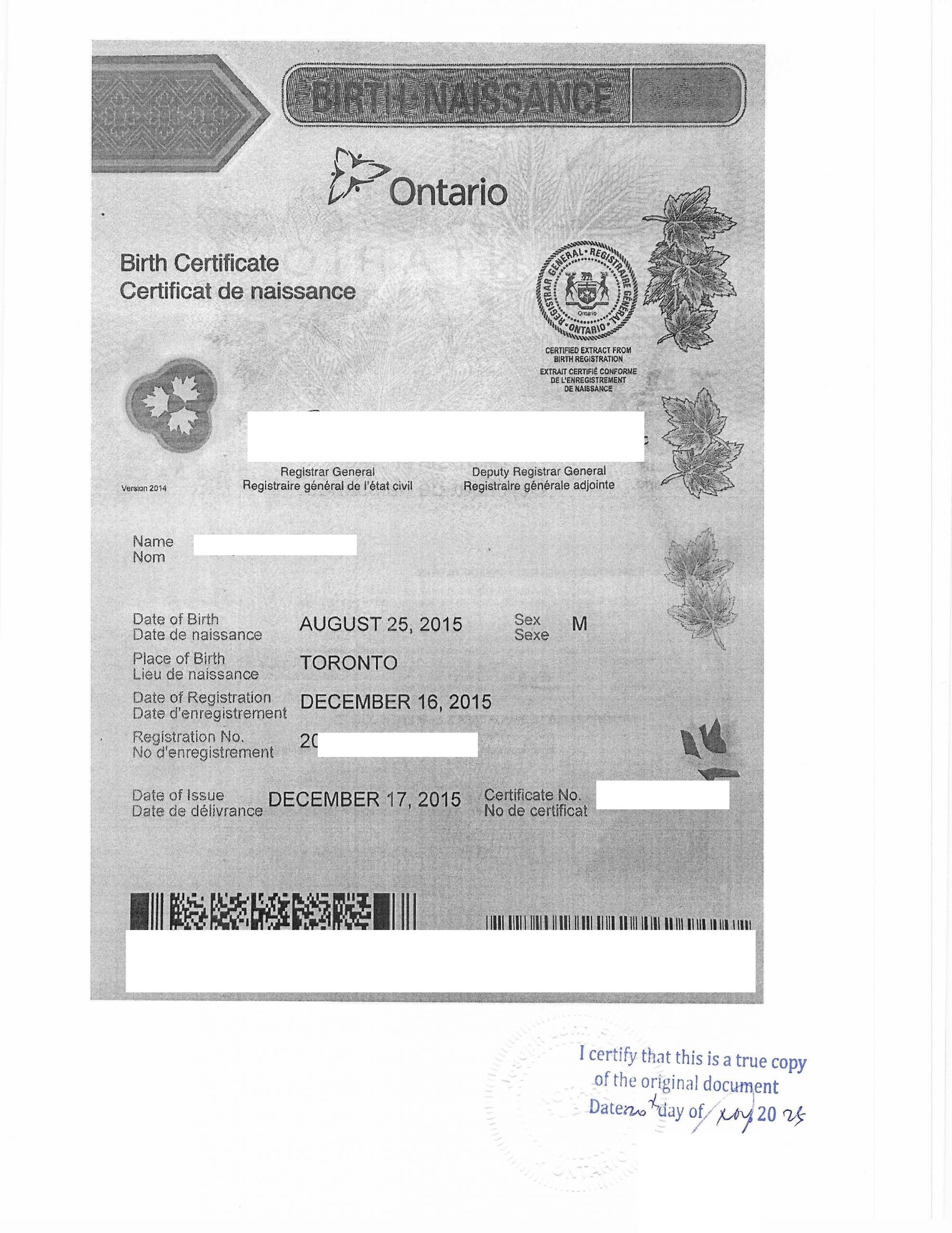 办理亲子关系证明但安省短版出生证未写父母姓名