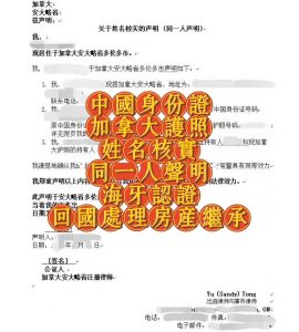 中国身份证加籍护照姓名核实同一人海牙认证