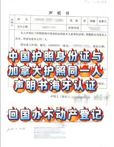 中国身份证护照与加拿大护照同一人海牙认证