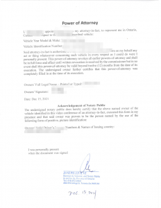 加拿大汽车买断过户委托书POA公证