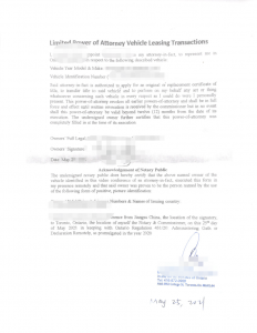 加拿大汽车转lease授权书POA公证