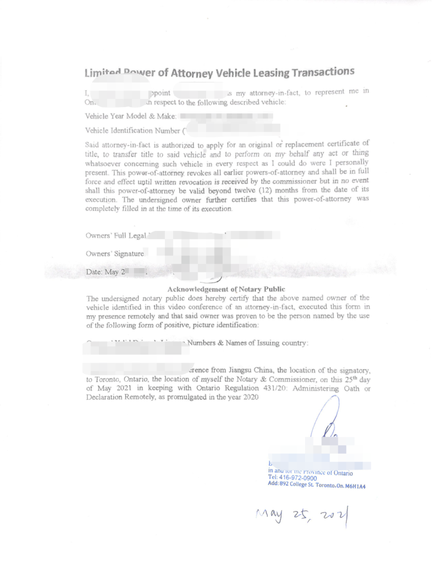 加拿大汽车转lease授权书POA公证