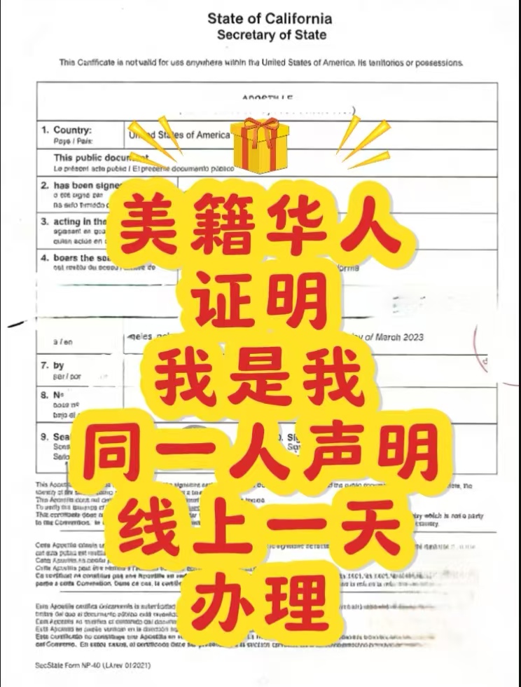 美国“我是我”证明：同一人声明海牙认证